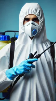 DALL·E 2024-11-06 02.53.53 - A professional pest control worker in protective gear, holding a spraying tool, standing against a solid blue background. The worker is wearing a full